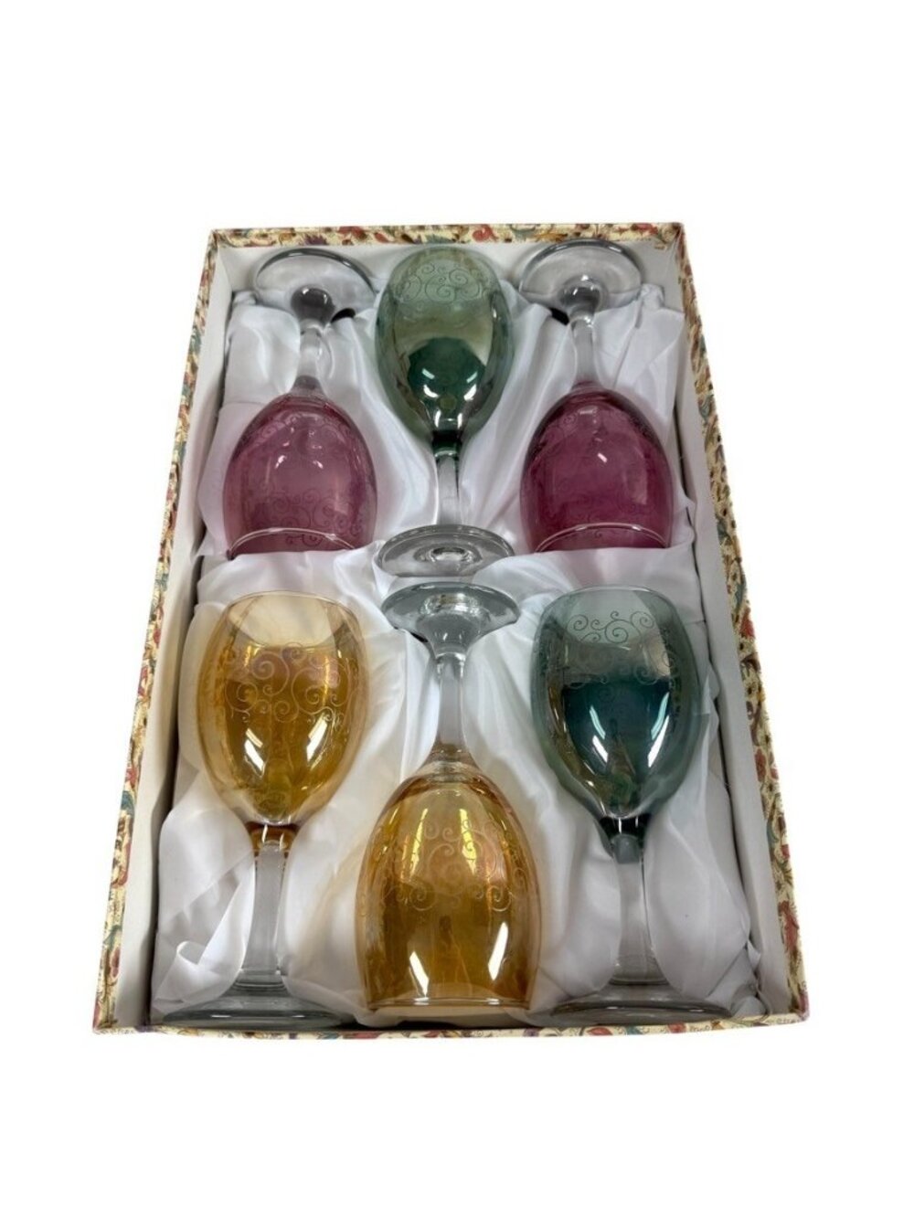 Vintage Cristalleria Fratelli Fumo Etched Wine Glasses Italy Set Of 6 NEW